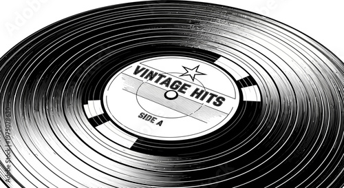 Classic black vinyl record with 'Vintage Hits' label, symbolizing retro music, analog sound, and nostalgic audio entertainment.
