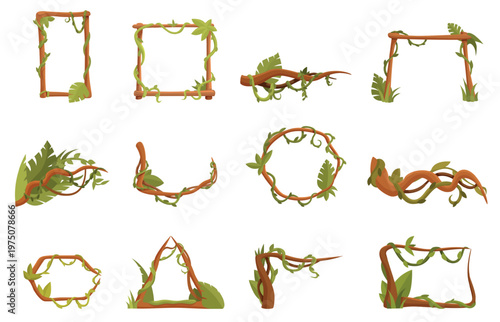 Jungle plant frames. Tropical leaves, liana, green branches, exotic plants corner and frame with wooden sticks. Design for banners, posters, sapid vector set