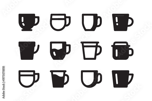 Ceramic coffee mug collection showing different shapes of cups for kitchenware brands and cafe menus featuring minimal black silhouettes