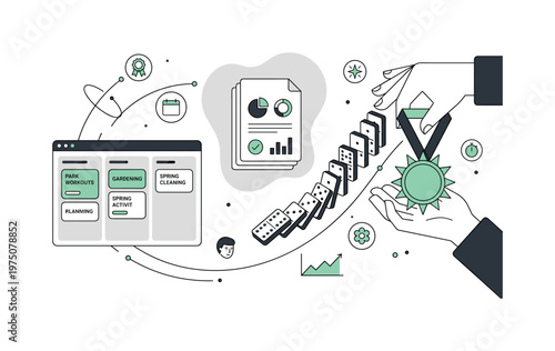 Domino effect of successful project planning leading to achievement and rewards