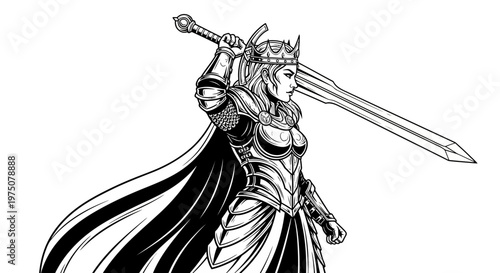 Powerful fantasy queen in armor wielding a large sword, black and white illustration of a heroic female warrior leader.