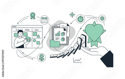 Agile project management with Kanban board, data analysis, and domino effect