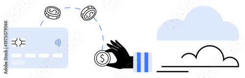 Digital finance, online shopping, cashless payments, modern banking, fintech innovation, cloud technology. Credit card, hand holding coins cloud digital processes. Digital finance and online