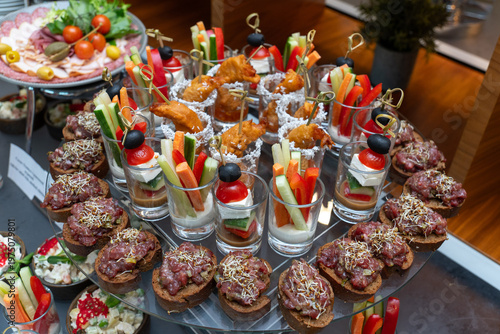 Assorted gourmet appetizers, finger food, vegetable sticks