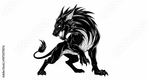 Fierce black mythical creature illustration with sharp claws and teeth, stylized fantasy beast graphic art on white
