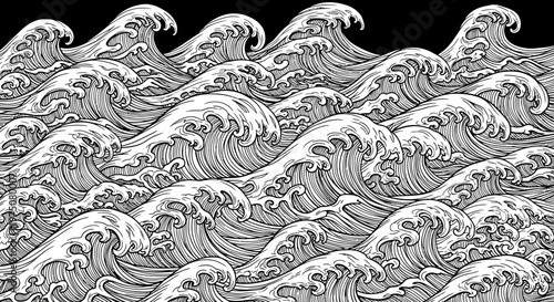 Stylized Hand-Drawn Ocean Waves Pattern. Vintage Japanese Ukiyo-e Style Rough Sea Water Illustration Background.