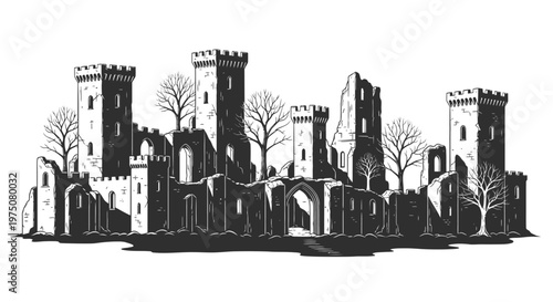Ancient medieval castle ruins illustration with fortified towers and bare trees, historical landmark landscape silhouette.