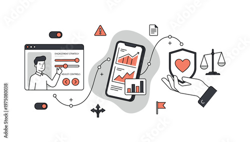 Digital engagement strategy and data analysis with safety and justice icons