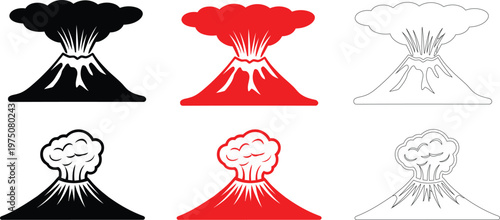 Volcano eruption vector set, red and black explosive volcanic icons with smoke cloud illustrations