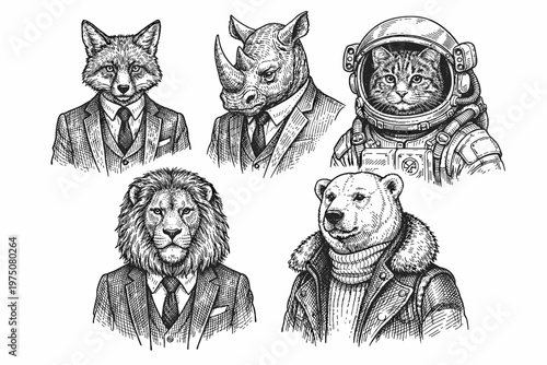 Anthropomorphic Animal Portrait Set with Fox, Lion, Bear and Astronaut in Vintage Sketch Style