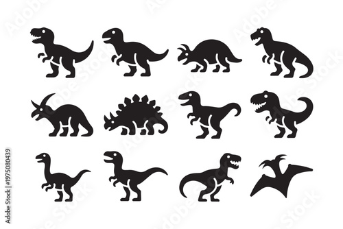 Set of black dinosaur silhouettes including tyrannosaurus rex triceratops and stegonaurus icons for children education and fun games