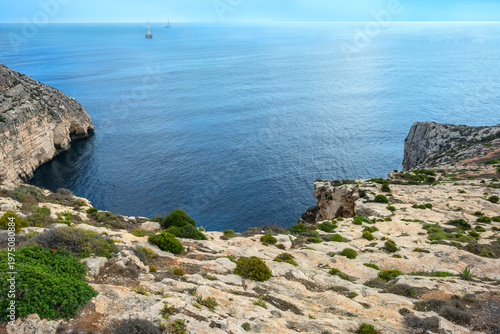 Rocky coastline. Mediterranean sea in south east coast of Malta