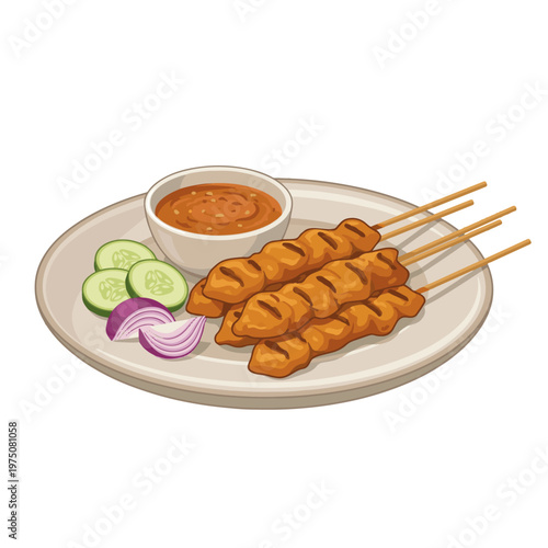 Indonesian satay illustration with grilled skewered meat served alongside sliced shallots, cucumber, and rich peanut sauce in a clean vector style