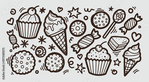 Sweet dessert doodle collection featuring cupcake ice cream candy and cookie in minimalist hand drawn line art style