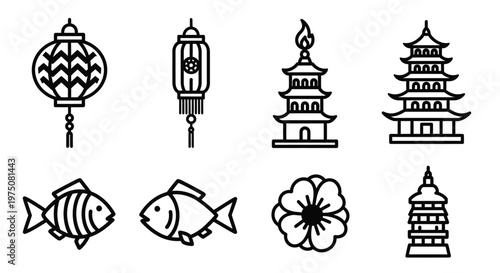 Cultural icons depicting lanterns and temples and fish and flowers represent Asian heritage in this clean black and white vector set.
