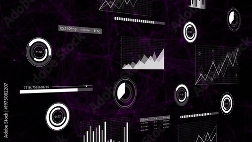 Tech HUD shifting right during pan as widgets updating dials rotating, charts refreshing for data