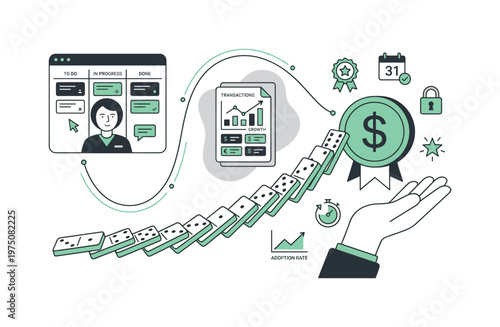 Domino effect of business growth and financial success with project management icons