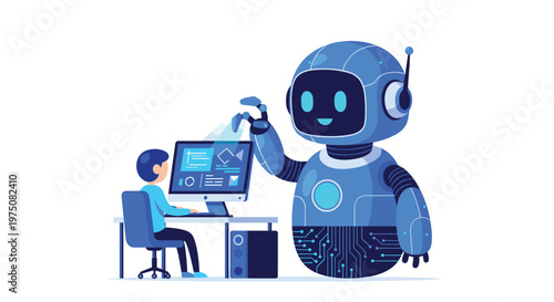 A massive friendly blue robot with intricate circuit board patterns on its torso assists a small human professional working diligently at a modern computer workstation.