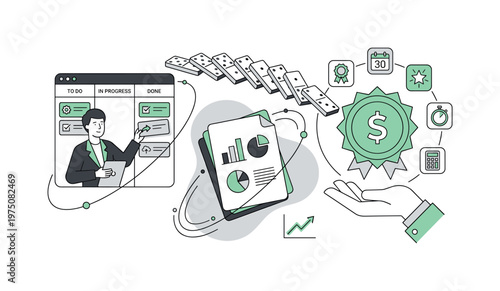 Business success with project management, analytics, and financial rewards