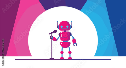 A vibrant pink humanoid robot performs on a brightly lit stage holding a microphone under a massive white circular spotlight and colorful geometric light beams.