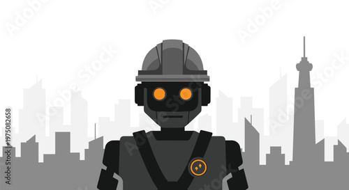 A sturdy dark grey industrial construction robot wearing a protective hard hat stands prominently against a hazy monochromatic grey city skyline with tall skyscrapers.