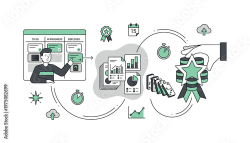 Agile project management workflow with tasks, data analysis, and successful deployment