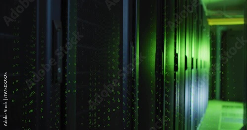 Camera gliding down datacenter aisle, sparking green code fall and showing rack handle, monitoring