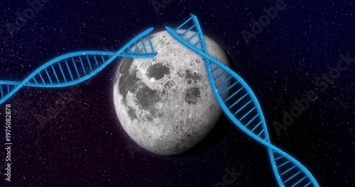 Moon holding center while right helix entering, crossing left strand, revealing craters for science