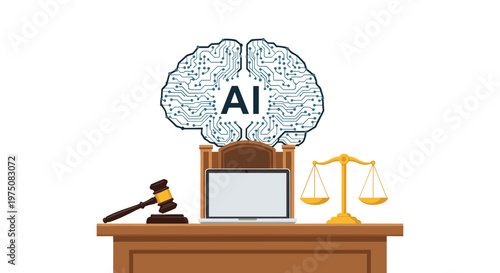 A glowing digital brain featuring complex circuitry looms over a judicial bench equipped with a wooden gavel and golden scales of legal justice.
