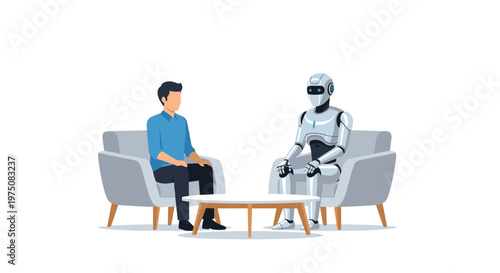 A casual conversation takes place between a human male and a metallic humanoid robot seated in comfortable grey armchairs in a minimalist setting.
