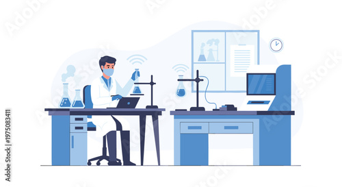 A professional male scientist wearing a protective mask and white lab coat works with connected smart laboratory equipment and a sleek black laptop.