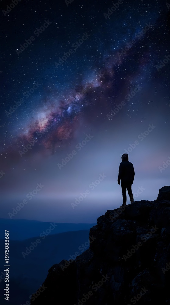 Fototapeta premium Silhouette of person standing on rocky cliff under spectacular Milky Way galaxy with colorful nebula and countless stars in deep blue night sky.