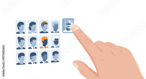 A large human hand carefully selects a blue robot profile icon from a diverse grid of various human avatars on a clean white digital interface screen.