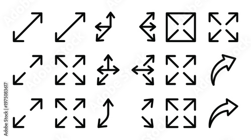 Collection of black and white arrows and geometric shapes in a grid arrangement
