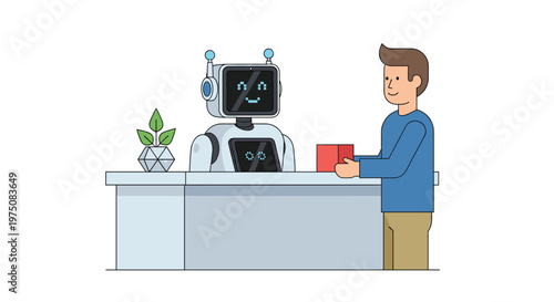 A friendly white service robot with a digital smiling face hands a small red package to a male customer at a clean minimalist office reception desk.