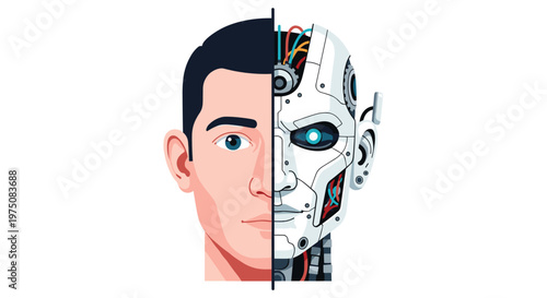 A striking vertical split image showcases the detailed left side of a human male face and the intricate right side of a complex robotic machine head.