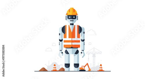 A specialized industrial robot wearing a bright yellow hard hat and reflective orange safety vest stands at a construction site with cranes and cones.