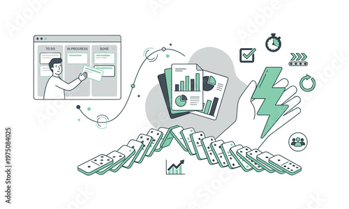 Agile project management with Kanban board, domino effect, and performance analytics