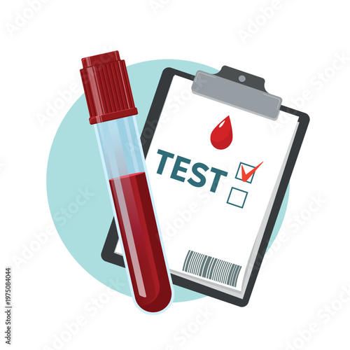 Blood Test Laboratory Report vector illustration. Blood test result on clipboard with checkmark and test tube, representing medical diagnostics, laboratory analysis, and healthcare screening.