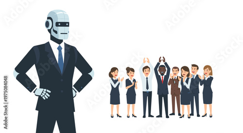 An imposing robotic executive in a dark business suit stands with hands on hips while a group of enthusiastic employees cheers in the background.