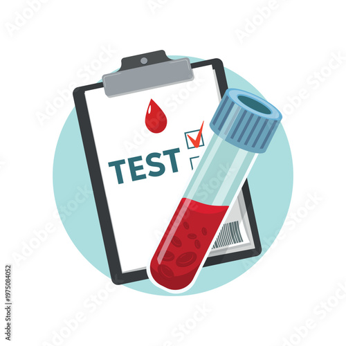 Blood Test Laboratory Report vector illustration. Blood test result on clipboard with checkmark and test tube, representing medical diagnostics, laboratory analysis, and healthcare screening.