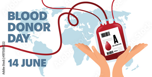 World Blood Donor Day Background minimalist template with Blood Bag and human hands. 14th of June, is World Donor Day. Good for banners and social media post, professional greetings