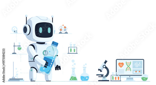 A high-tech laboratory robot holds a transparent plastic water bottle while standing near medical monitors, a microscope, and various glass chemical flasks.
