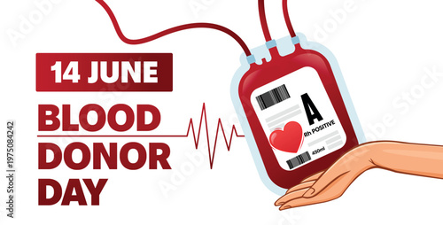 World Blood Donor Day Background minimalist template with Blood Bag and human hands. 14th of June, is World Donor Day. Good for banners and social media post, professional greetings