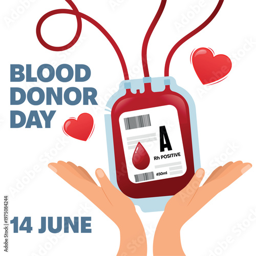 World Blood Donor Day Background minimalist template with Blood Bag and human hands. 14th of June, is World Donor Day. Good for banners and social media post, professional greetings