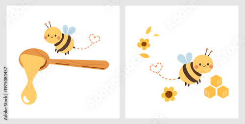 Cute bee with honey dipper and honeycomb pastel cartoon sweet illustration set.