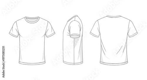Meticulous technical line drawings of a basic t-shirt from front side and back perspectives are displayed with subtle shading on a white background.