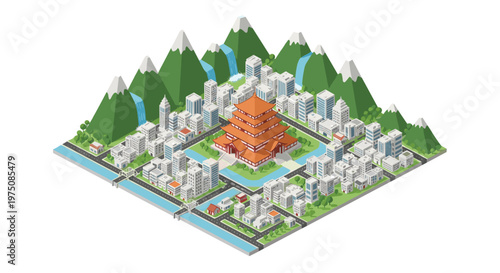Detailed isometric illustration of a sprawling city with a prominent orange-roofed pagoda at its center surrounded by white buildings and green hills.