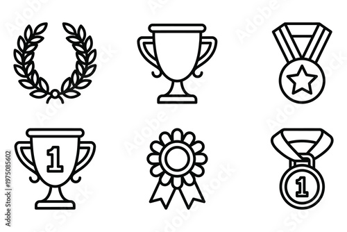 Winning and first place achievement icons set with trophies medals rosettes laurel wreath symbols number one contest winner gold medal