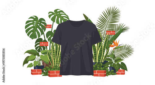 A stylish charcoal black t-shirt is presented against a lush backdrop of tropical monstera leaves and scattered red bricks in a modern garden setting.